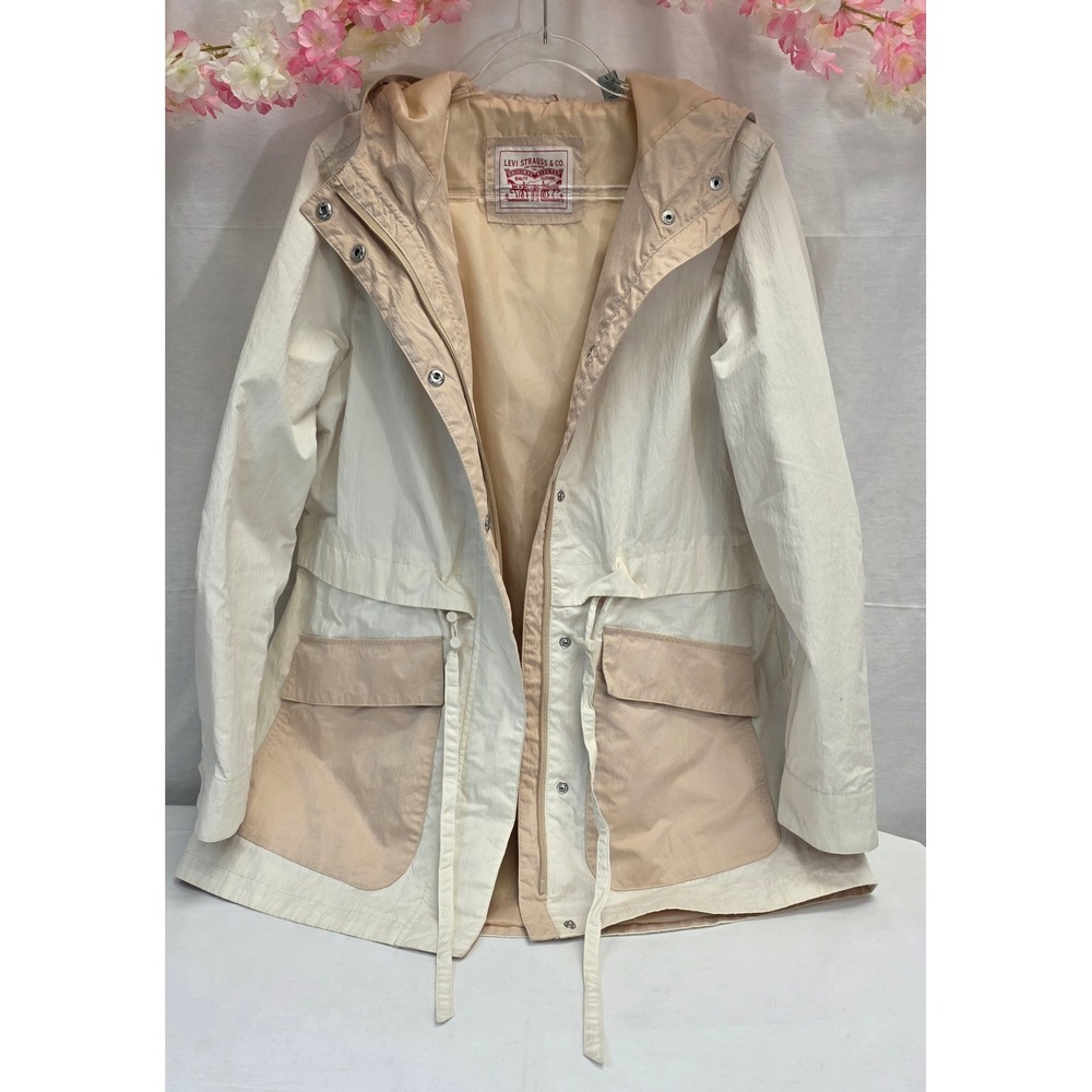 Levis Hooded Utility Parka Rain Jacket Cream Beige Colorblock Womens‎ Small
